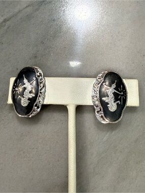 VTG Siam Sterling Silver Enamel Filigree Clip-On Earrings